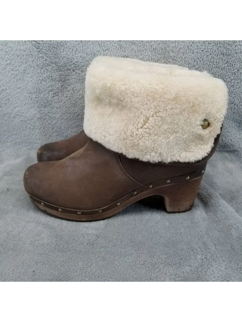 UGG Shoes Womens Size 7 Lynnea Brown Leather Shearling Wood Sole Boots *Read*